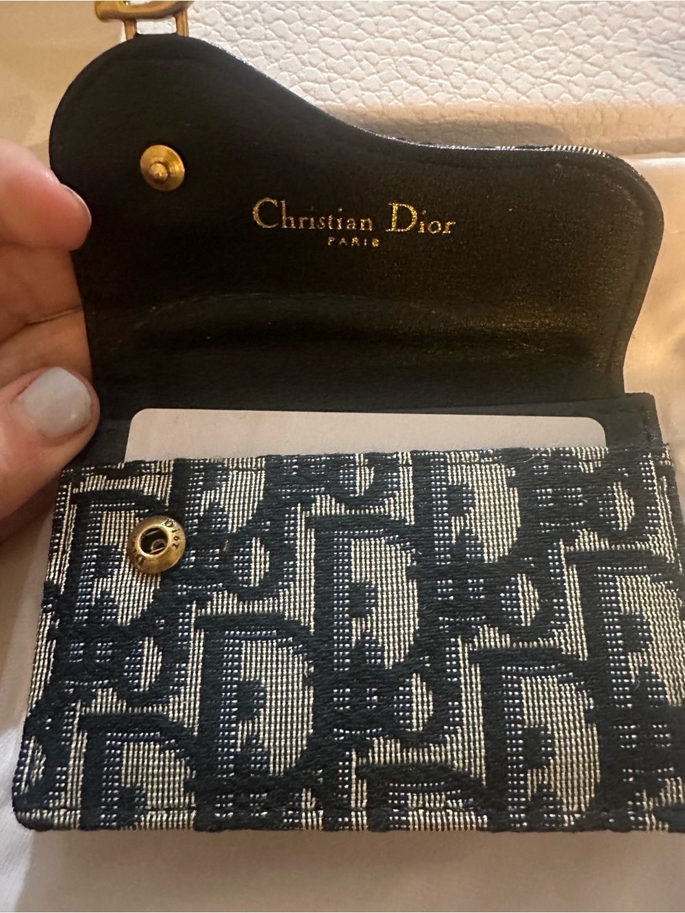 Dior Black & Beige Oblique Jacquard Card Holder with Gold D Accent - Picture 2 of 9